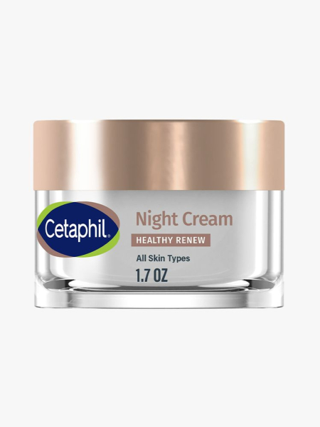 Cetaphil Healthy Renew Purified Peptides Night Cream clear jar of moisturizer with gold lid on light gray background